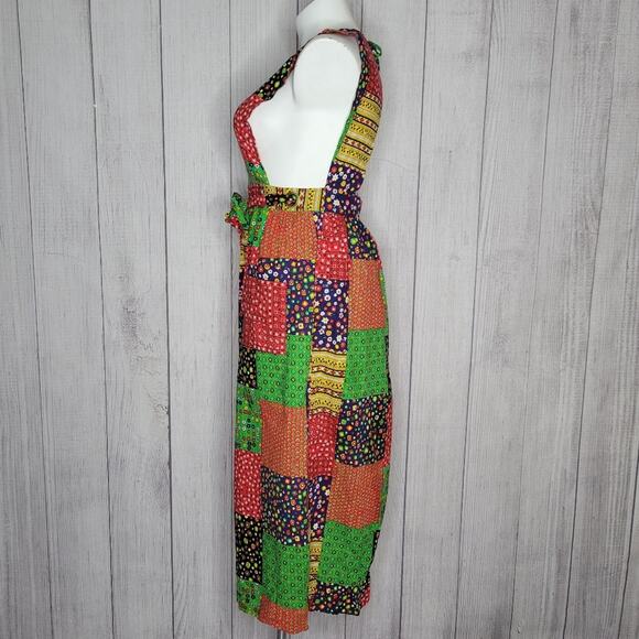 Vintage 70s Patchwork Wrap Pinafore Peekaboo Open Back Dress, size S/M - Picture 7 of 11